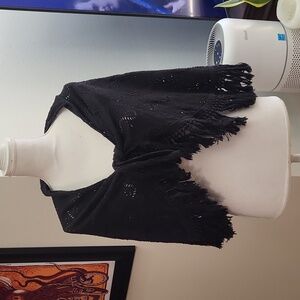 Sand Dollars Crocheted Black Poncho Wrap Frayed